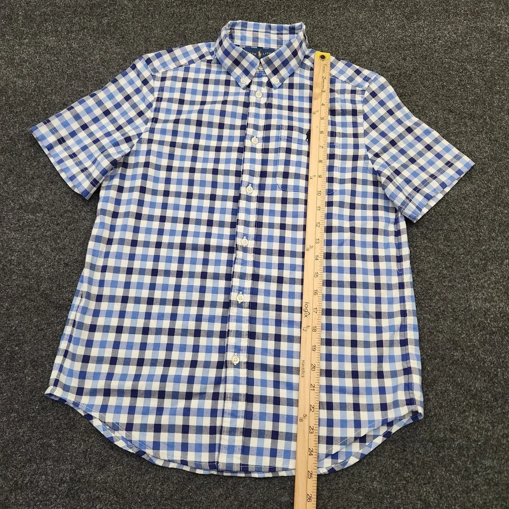 Ralph Lauren Boys Large 14-16 Blue Check Button Down Shirt Cotton Blend‎ Stretch